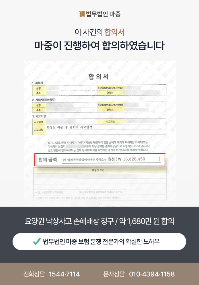 요양원 낙상사고 손해배상 청구 / 기왕치료비·향후치료비·위자료 포함 약 1,680만 원 합의