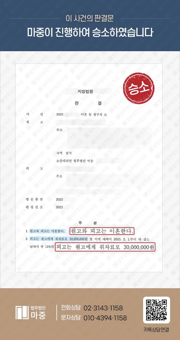 Divorce Lawsuit Due to Husband's Infidelity / Divorce Granted and 30 Million KRW Compensation Awarded